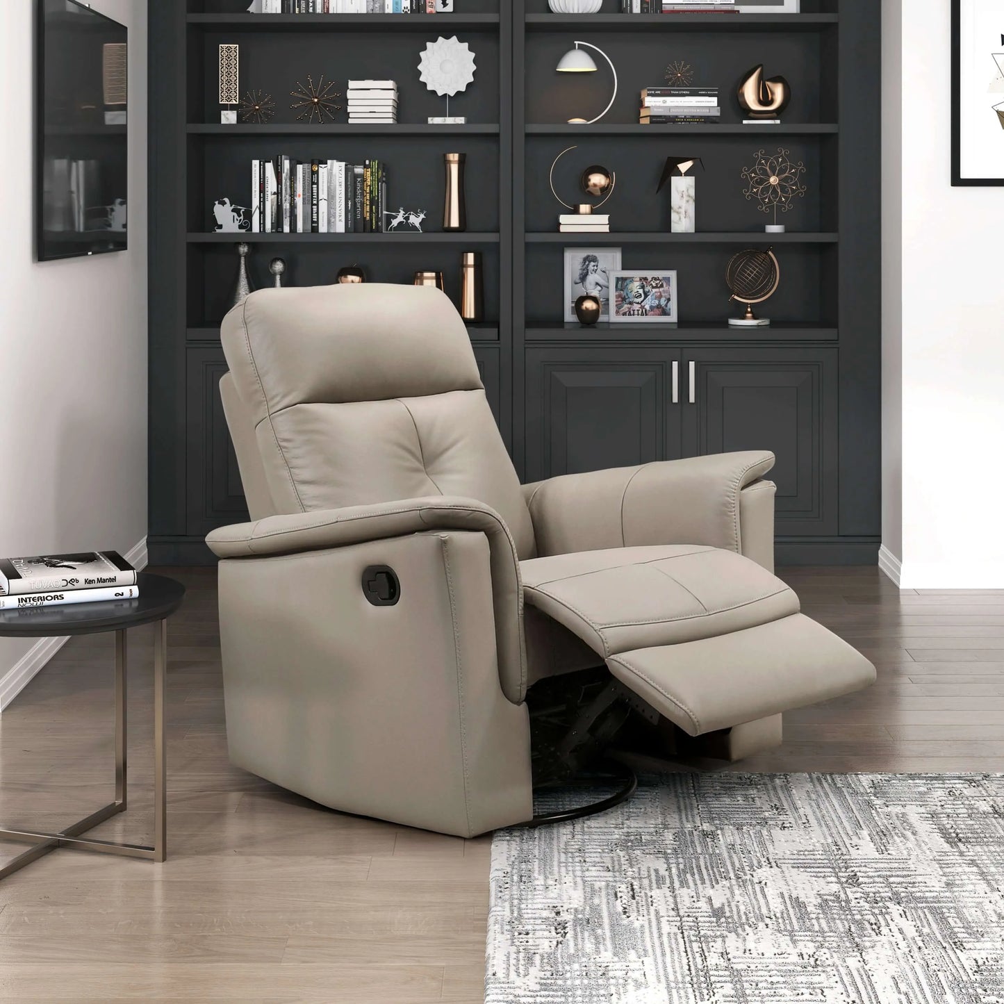 Latte brown recliner chair in a living room setting with bookshelves and a side table.