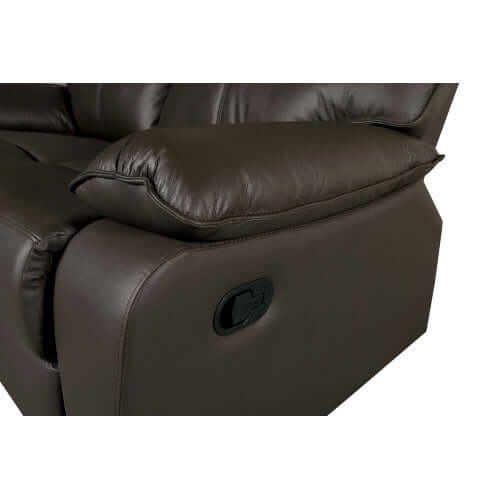 Brown faux leather recliner chair reclining mechanism on a white background