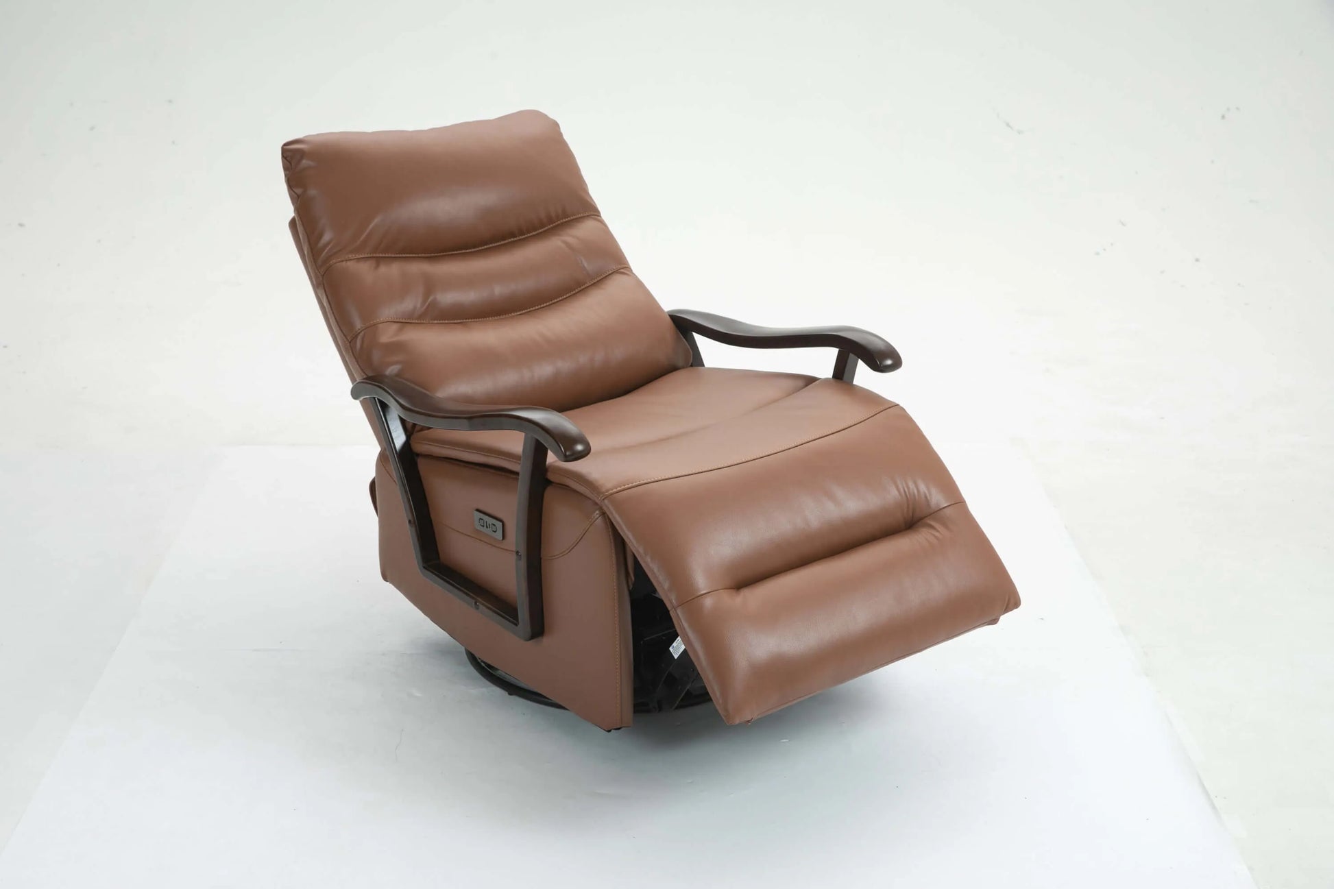 Brown leather recliner chair with wood arms partially reclined on a white background