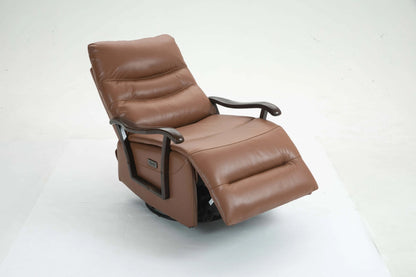 Brown leather recliner chair with wood arms partially reclined on a white background