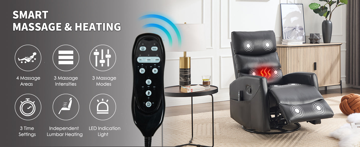 Massage reclining chair with remote control in a living room setting, highlighting smart massage and heating features.