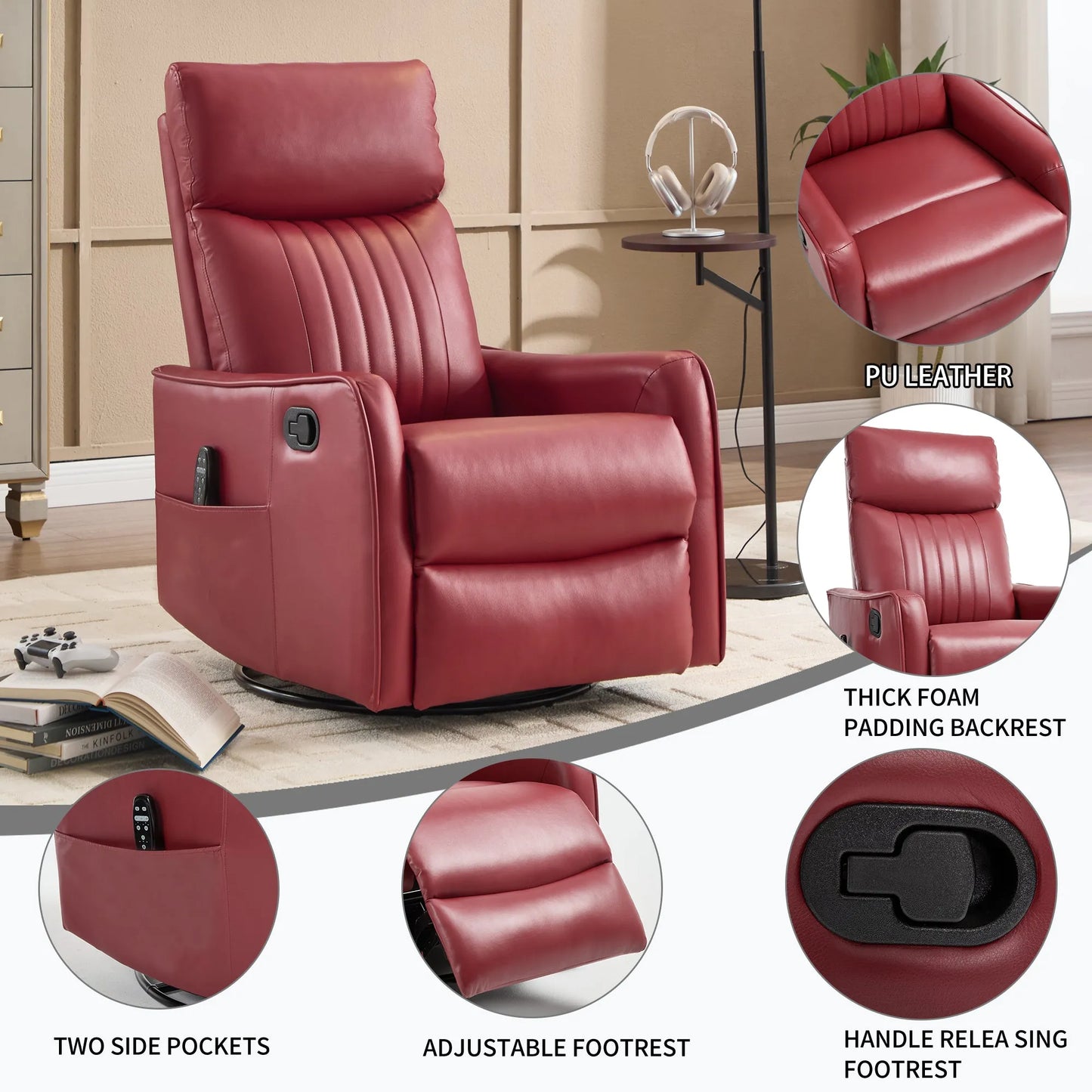 Red recliner chair with features highlighted in a home setting