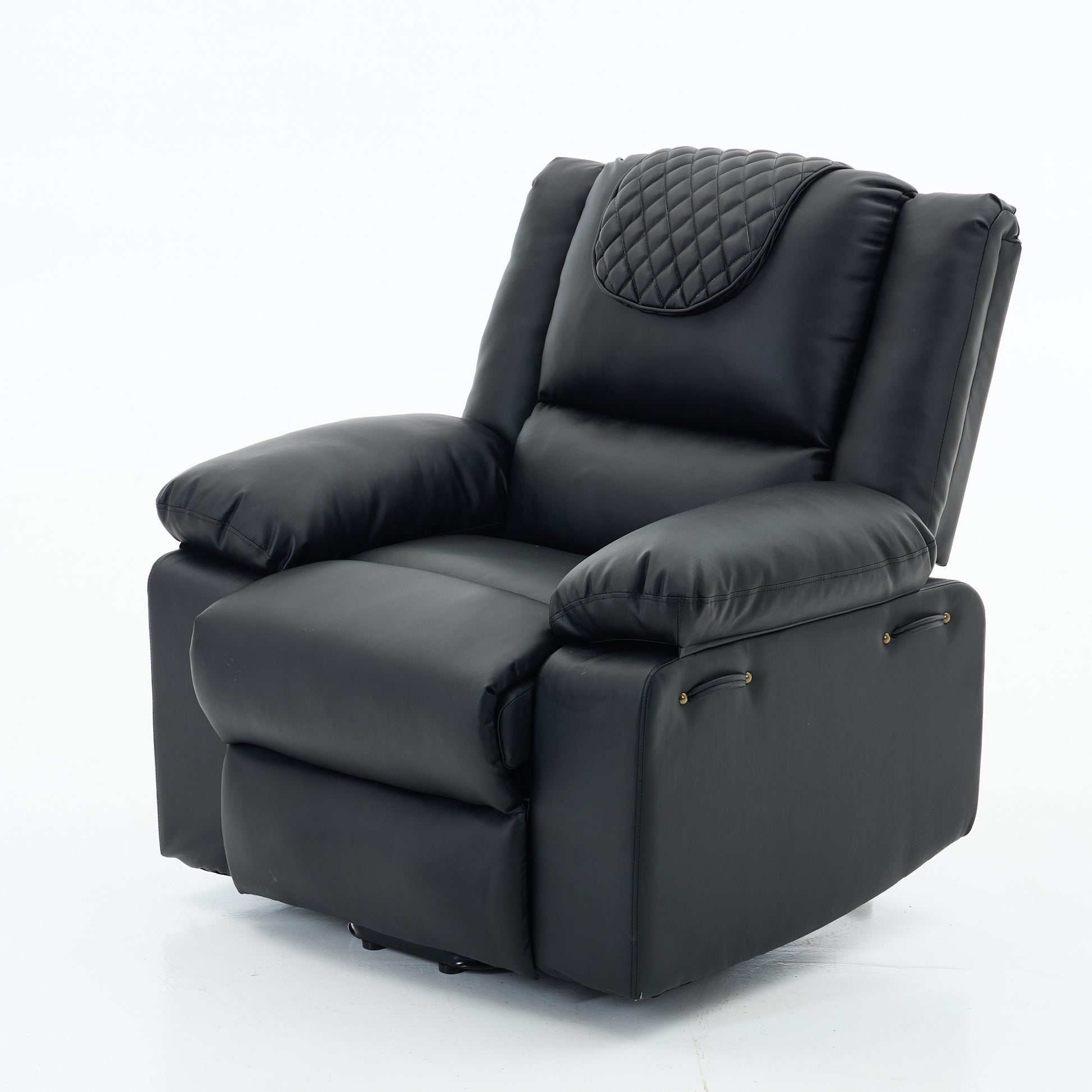 Black recliner chair with quilted backrest showing side decorative details on a white background