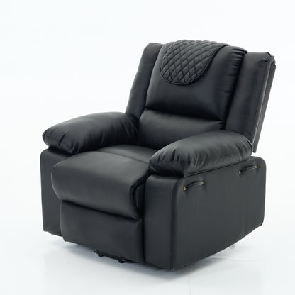 Black recliner chair with quilted backrest showing side decorative details on a white background
