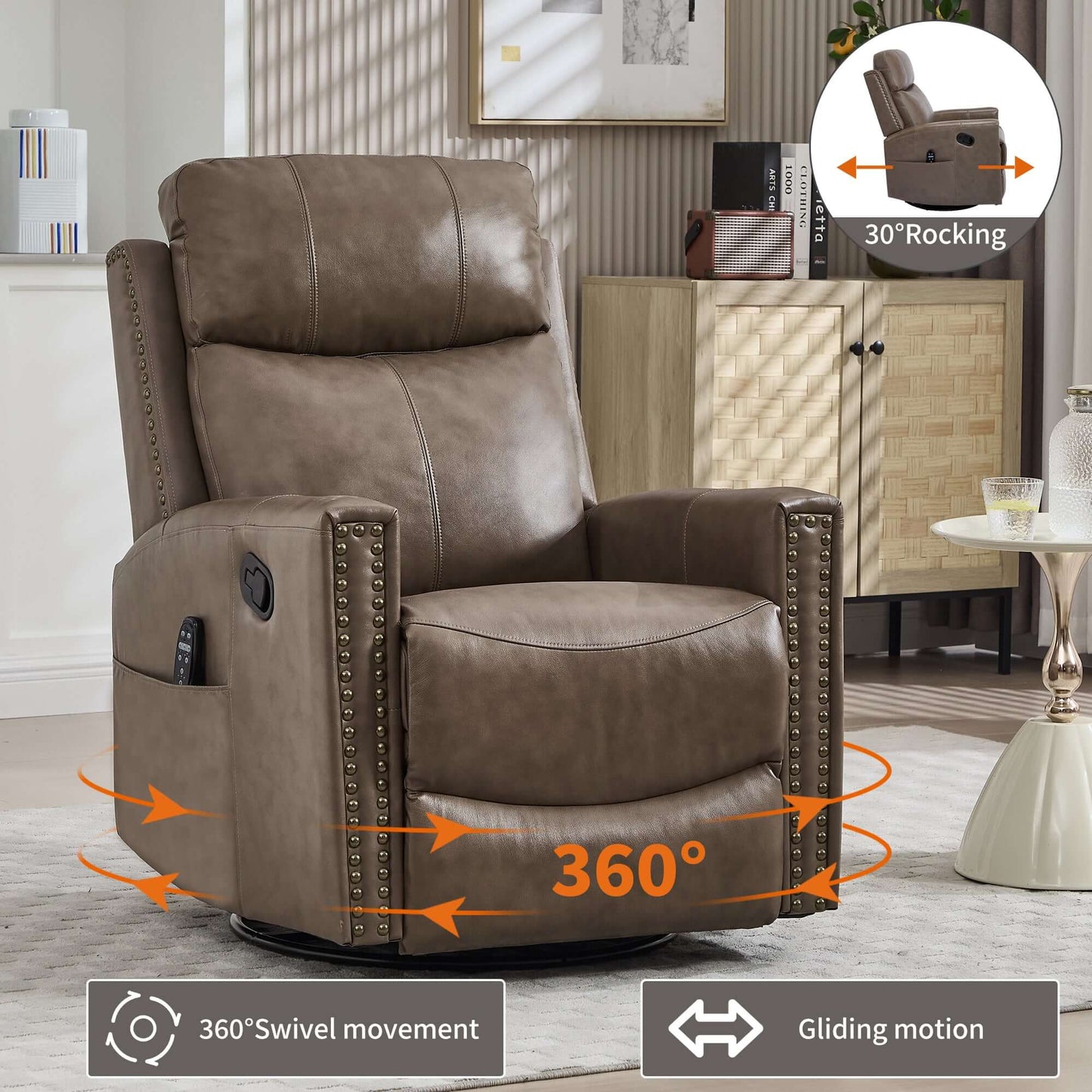 Camel Brown Recliner w/ Heat, Massage, Rocker & Swivel – Manual