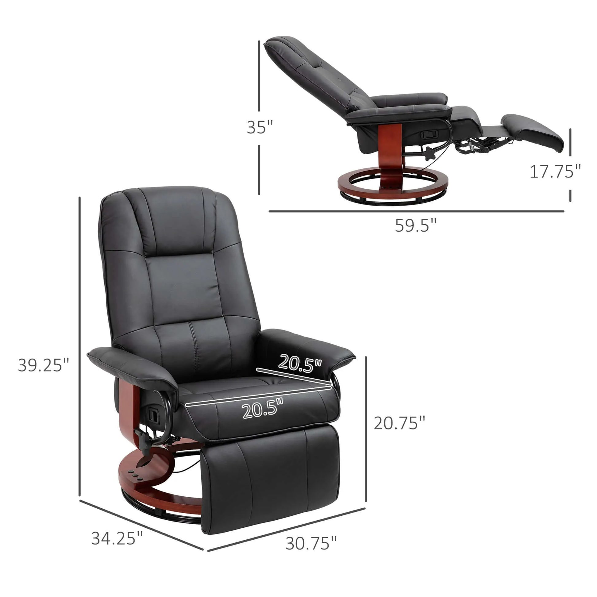 Black recliner chair with dimensions labeled on a white background