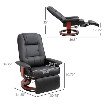 Black recliner chair with dimensions labeled on a white background