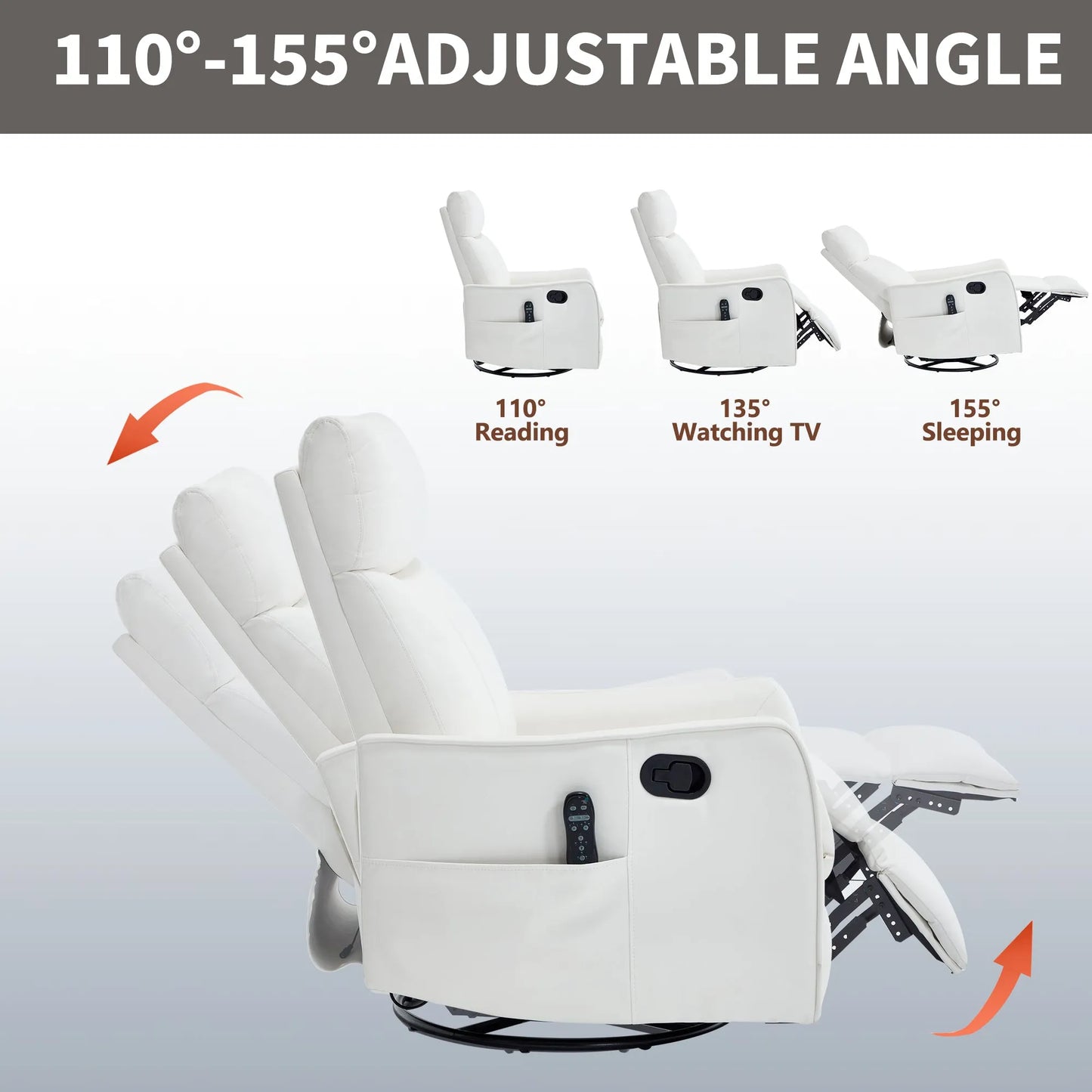 White recliner chair with adjustable angle indicators on a light gray background