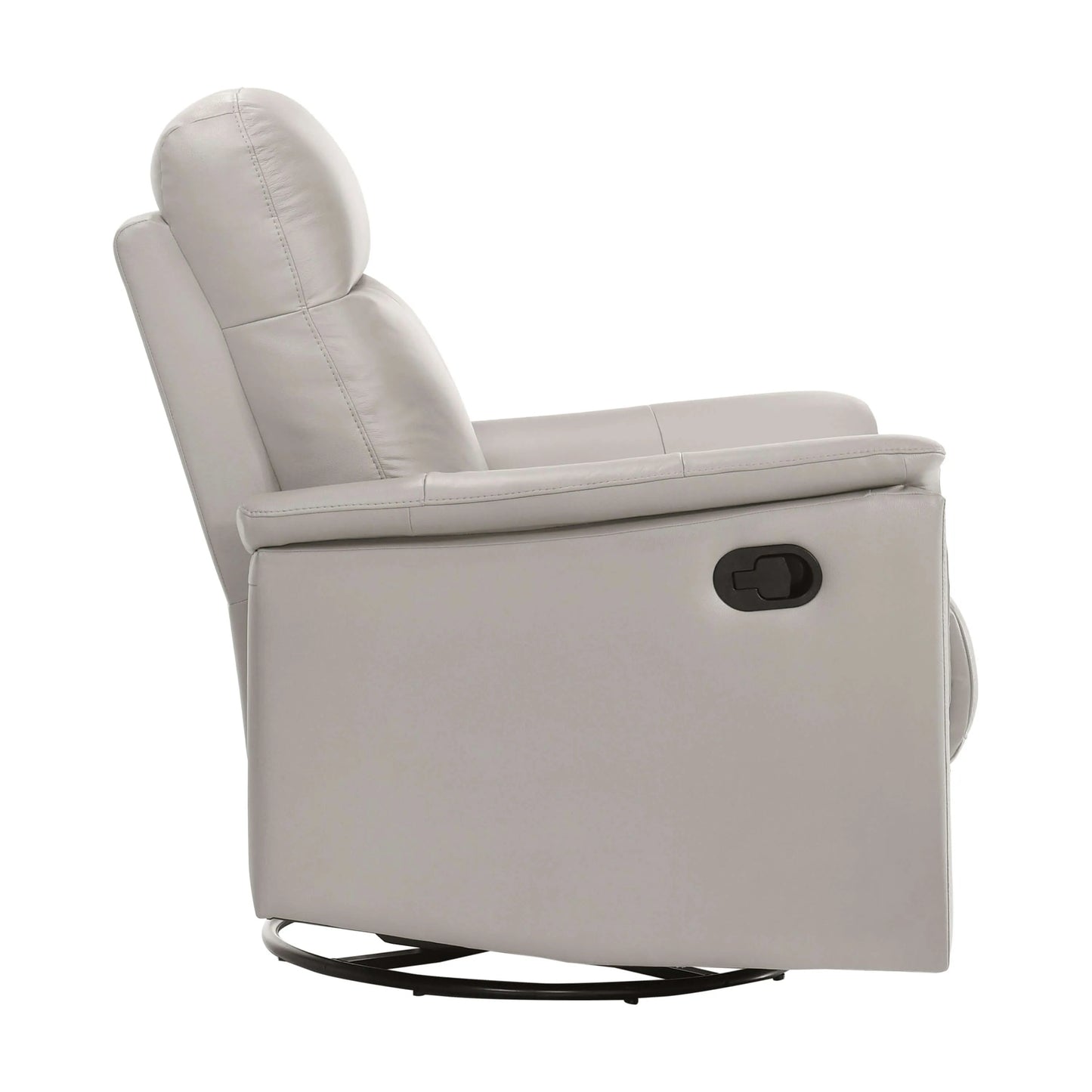 Side view of a silver recliner chair with manual pull handle and black round swivel metal base on a white background