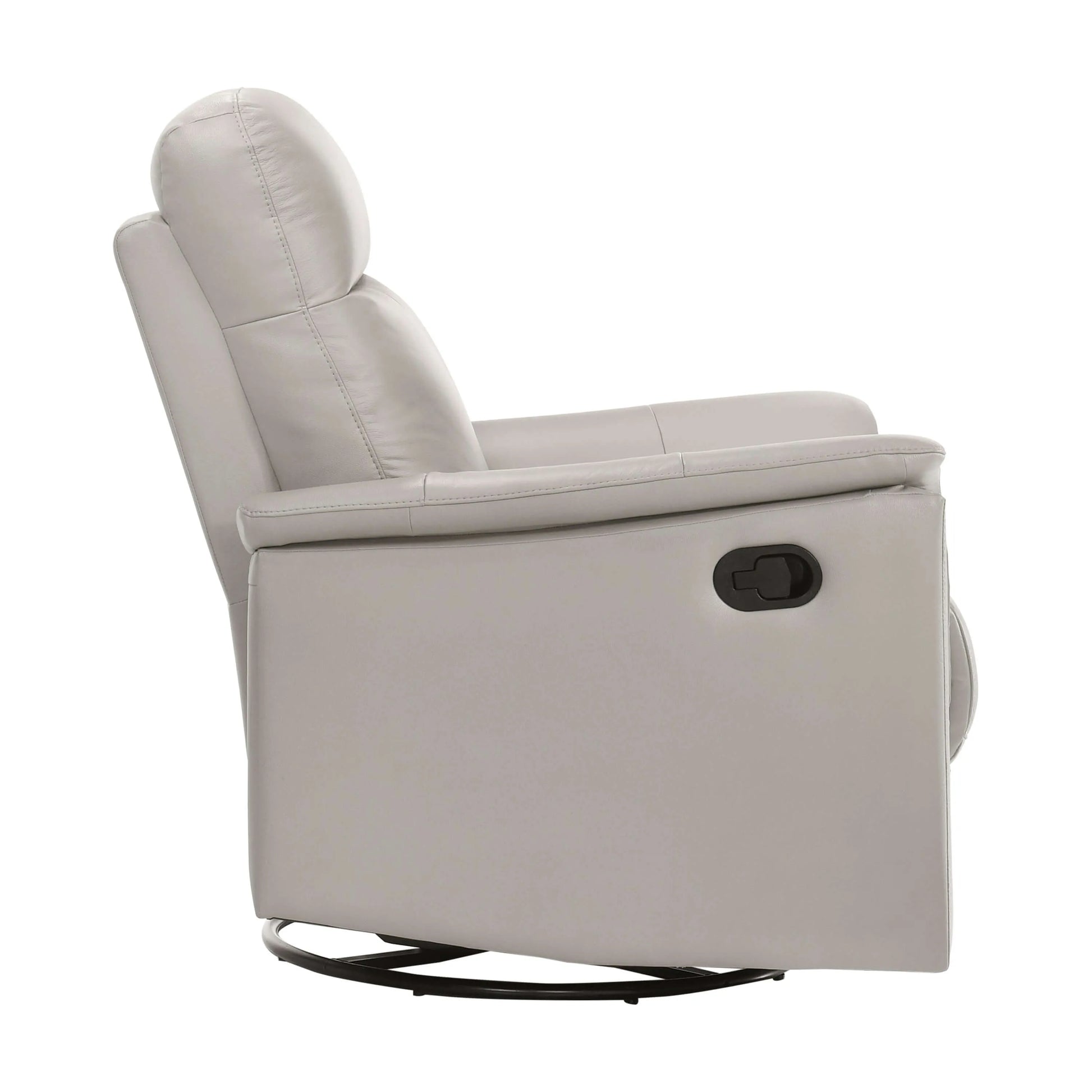 Side view of a silver recliner chair with manual pull handle and black round swivel metal base on a white background
