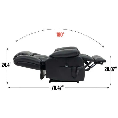 Black recliner chair fully reclined with measurements on a white background