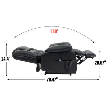 Black recliner chair fully reclined with measurements on a white background