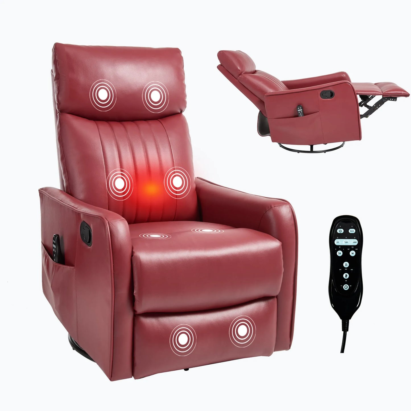 Red massage recliner chair with remote control on a white background