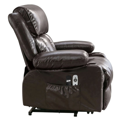 Brown leather recliner chair with remote control in a storage pocket on a white background
