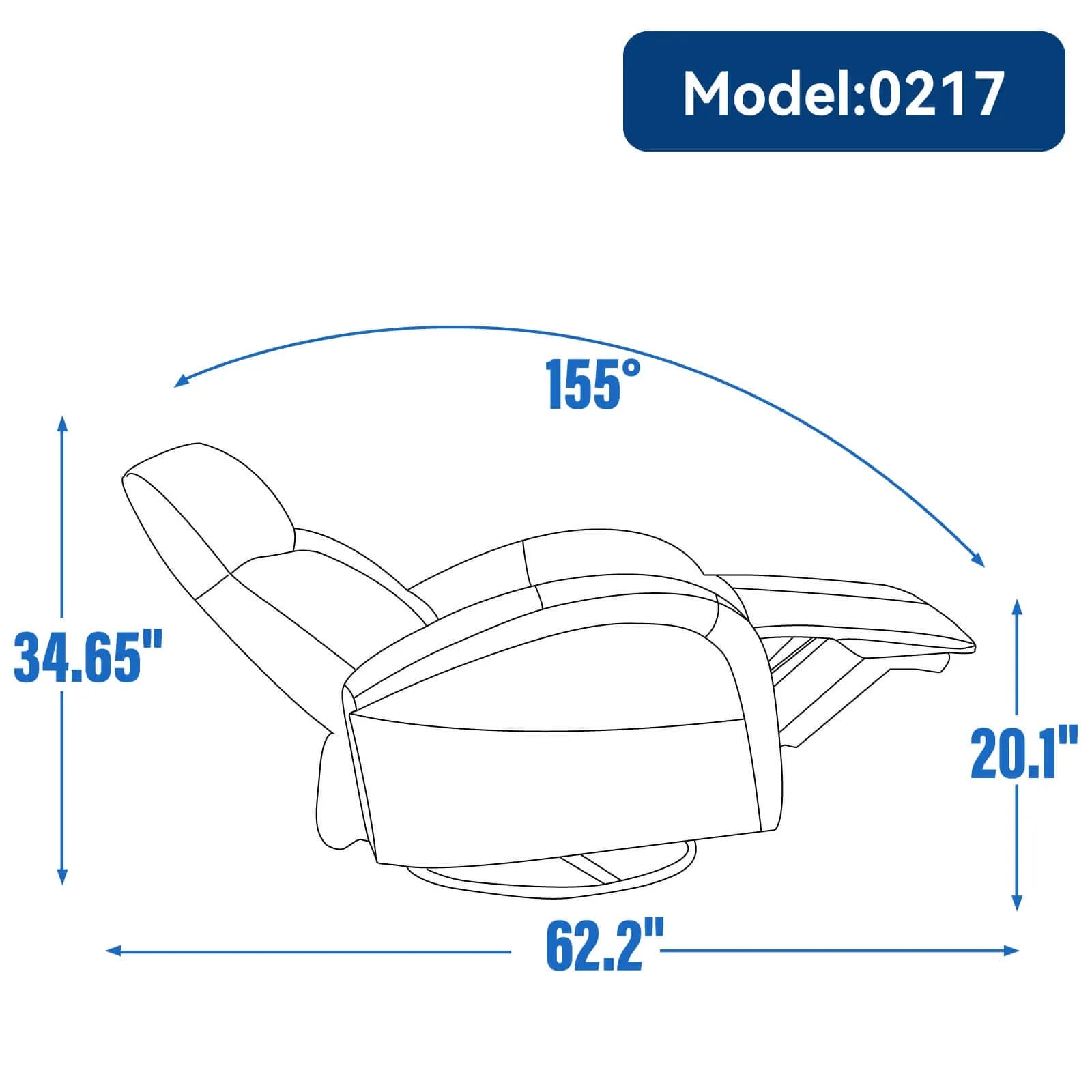 Outline of a recliner chair with dimensions labeled on a white background