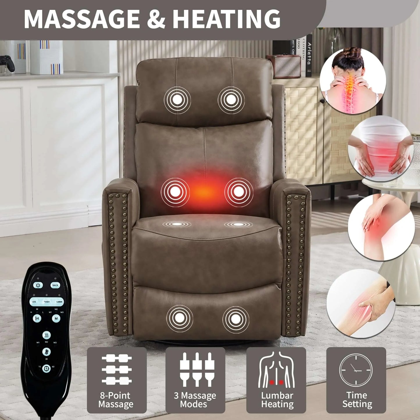Massage and heating recliner chair with remote control and feature icons on a neutral background.