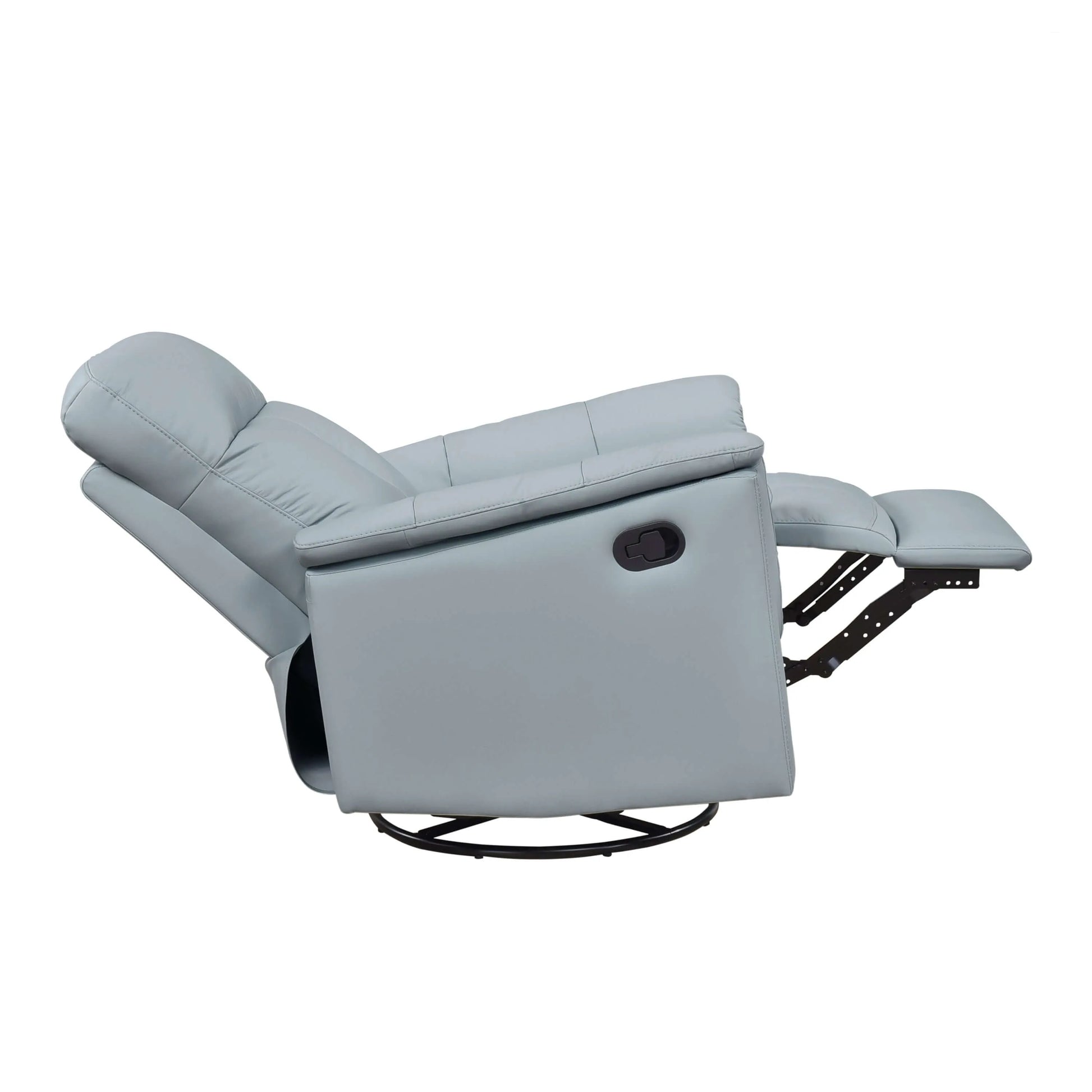 Fully reclined blue recliner chair on a white background