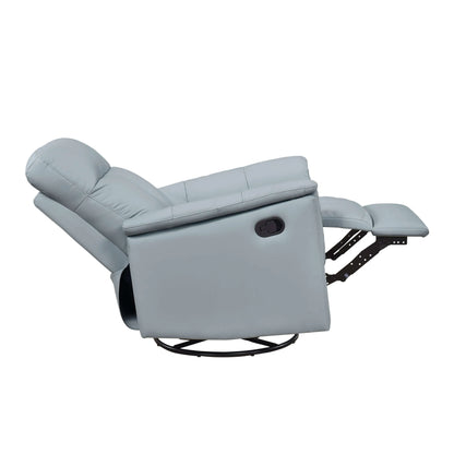 Fully reclined blue recliner chair on a white background