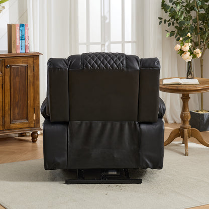 Black leather recliner chair in a living room setting with wooden furniture and decor.