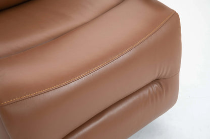 Close-up of a brown leather recliner chair footrest with visible stitching on a white background
