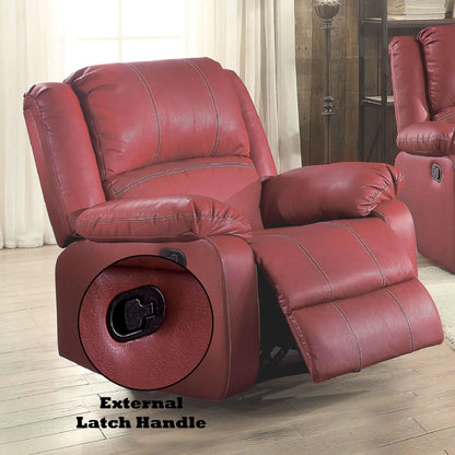 Red leather recliner chair with an external latch handle on a wooden floor.