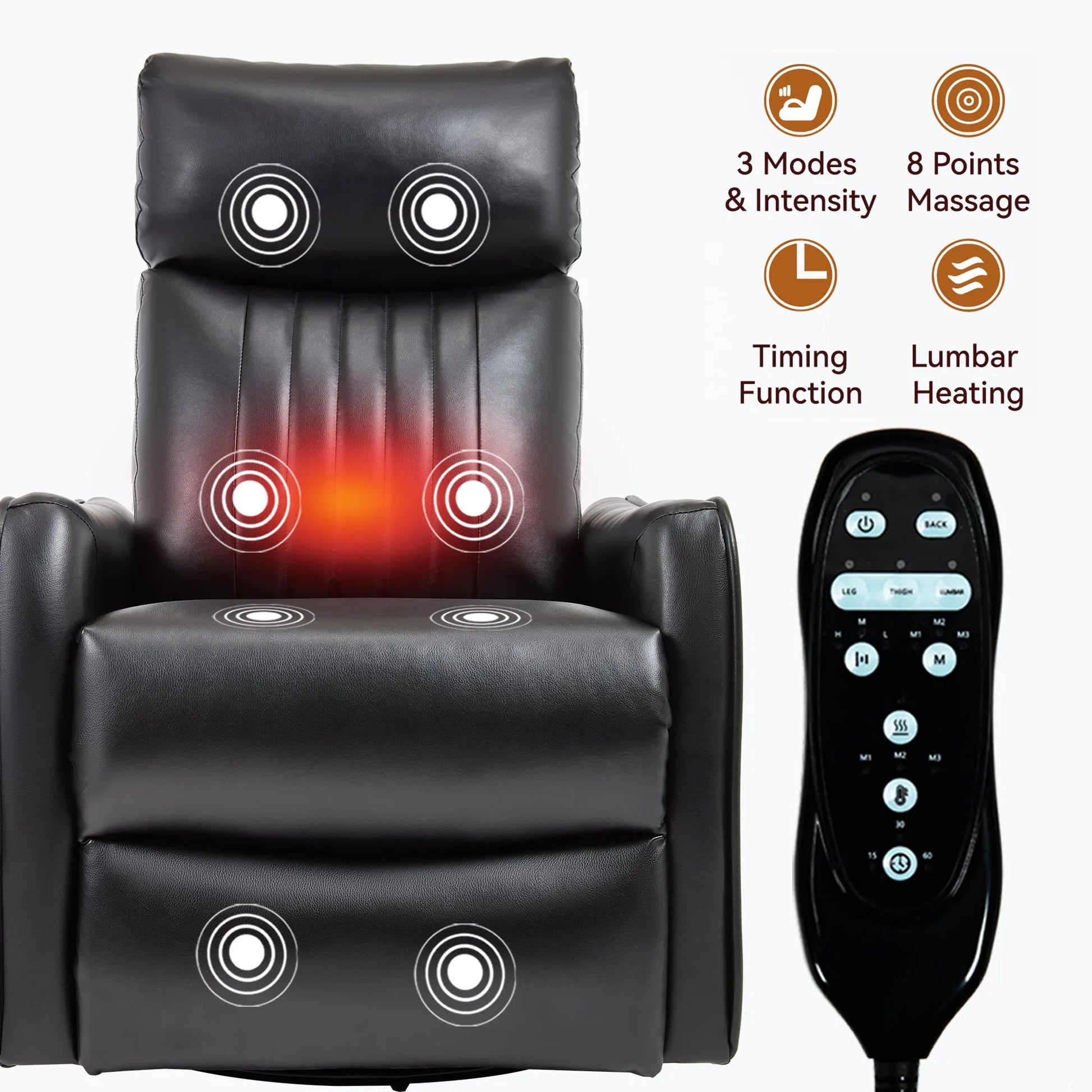 Black massage recliner chair with heating function and remote control on a white background