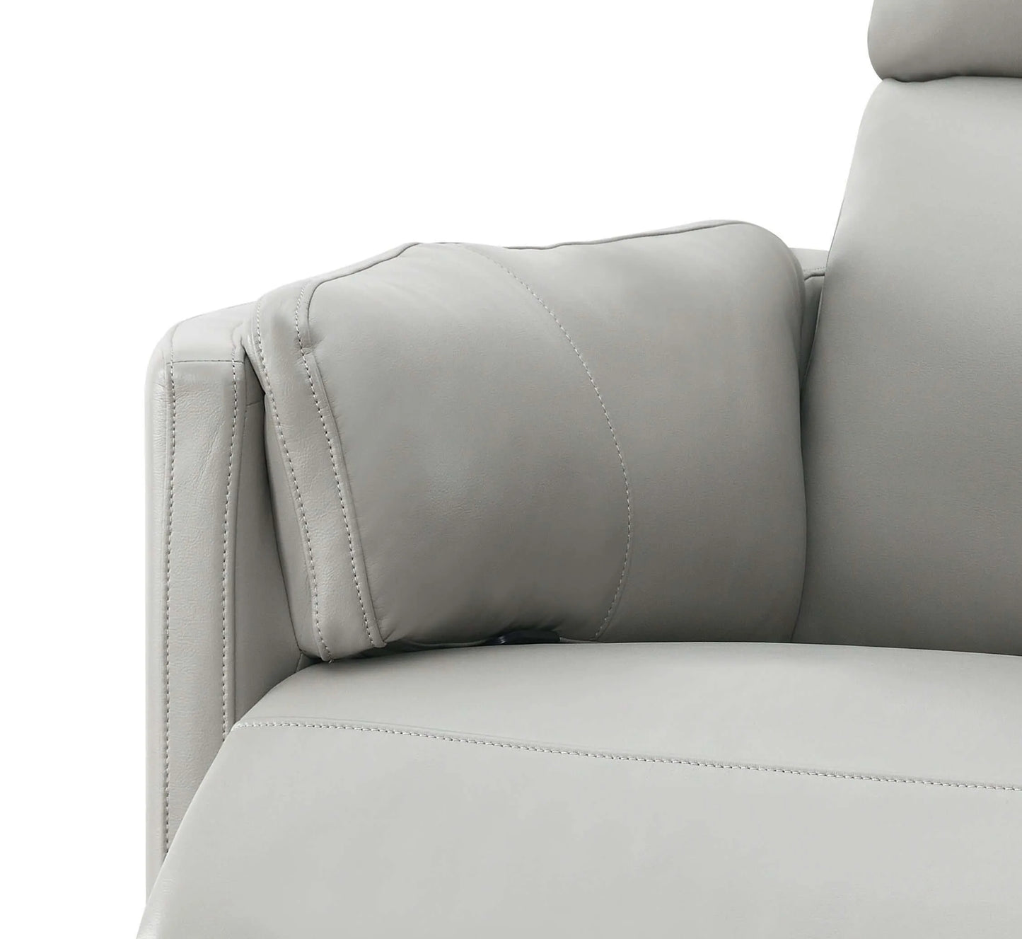Upclose view of pillow cushions on the Sagen Gray Faux Leather Glider Recliner with Swivel on a white background.