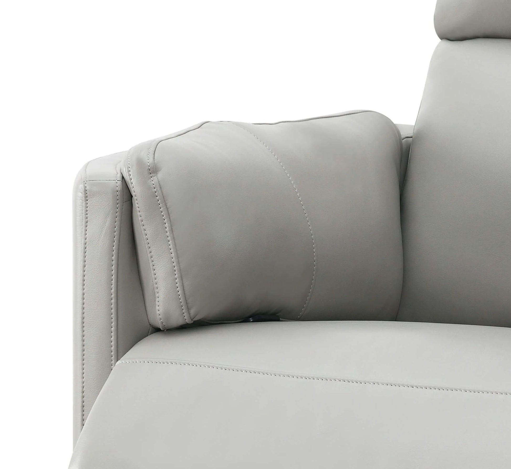 Upclose view of pillow cushions on the Sagen Gray Faux Leather Glider Recliner with Swivel on a white background.