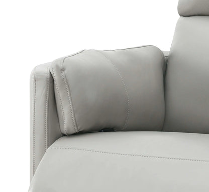 Upclose view of pillow cushions on the Sagen Gray Faux Leather Glider Recliner with Swivel on a white background.