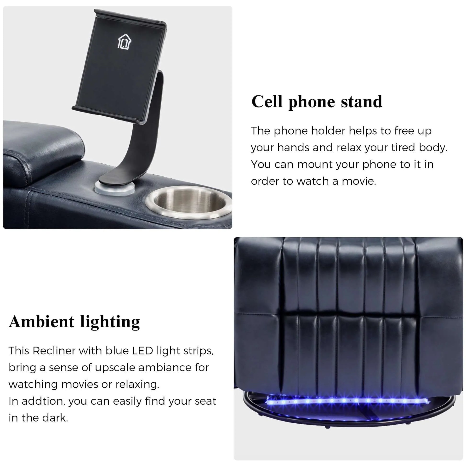 Recliner chair with phone holder and ambient lighting features