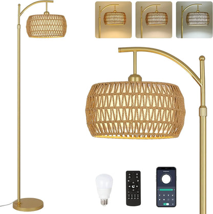 Gold floor lamp with wicker shade, light bulb, and remote controls on a white background