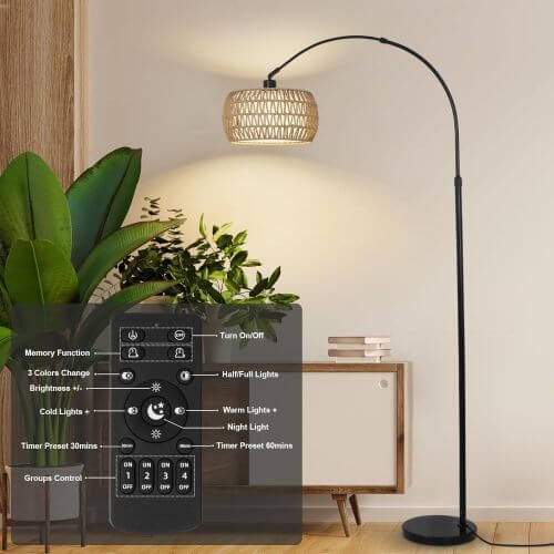 Boho Arc Floor Lamp with Remote, Dimmable LED & Rattan Shade – Black