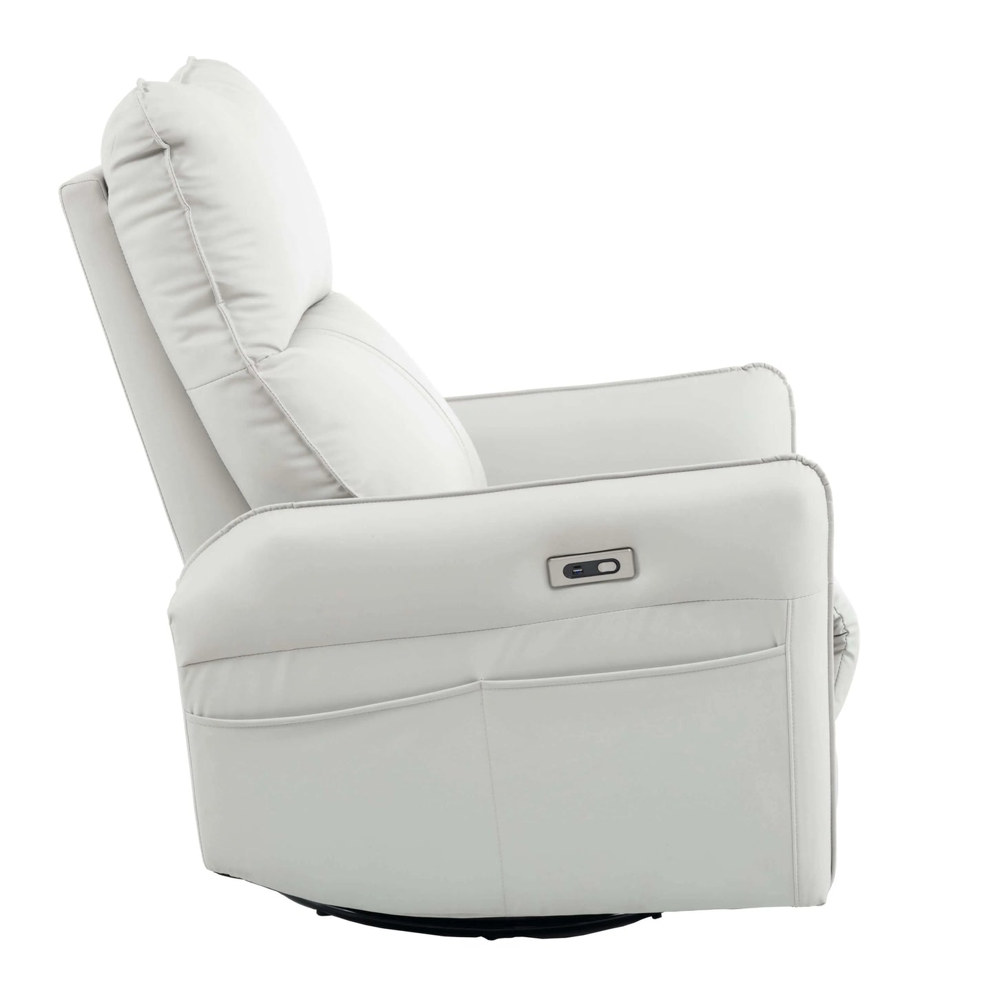 Side view of a light gray recliner chair and control panel on a white background