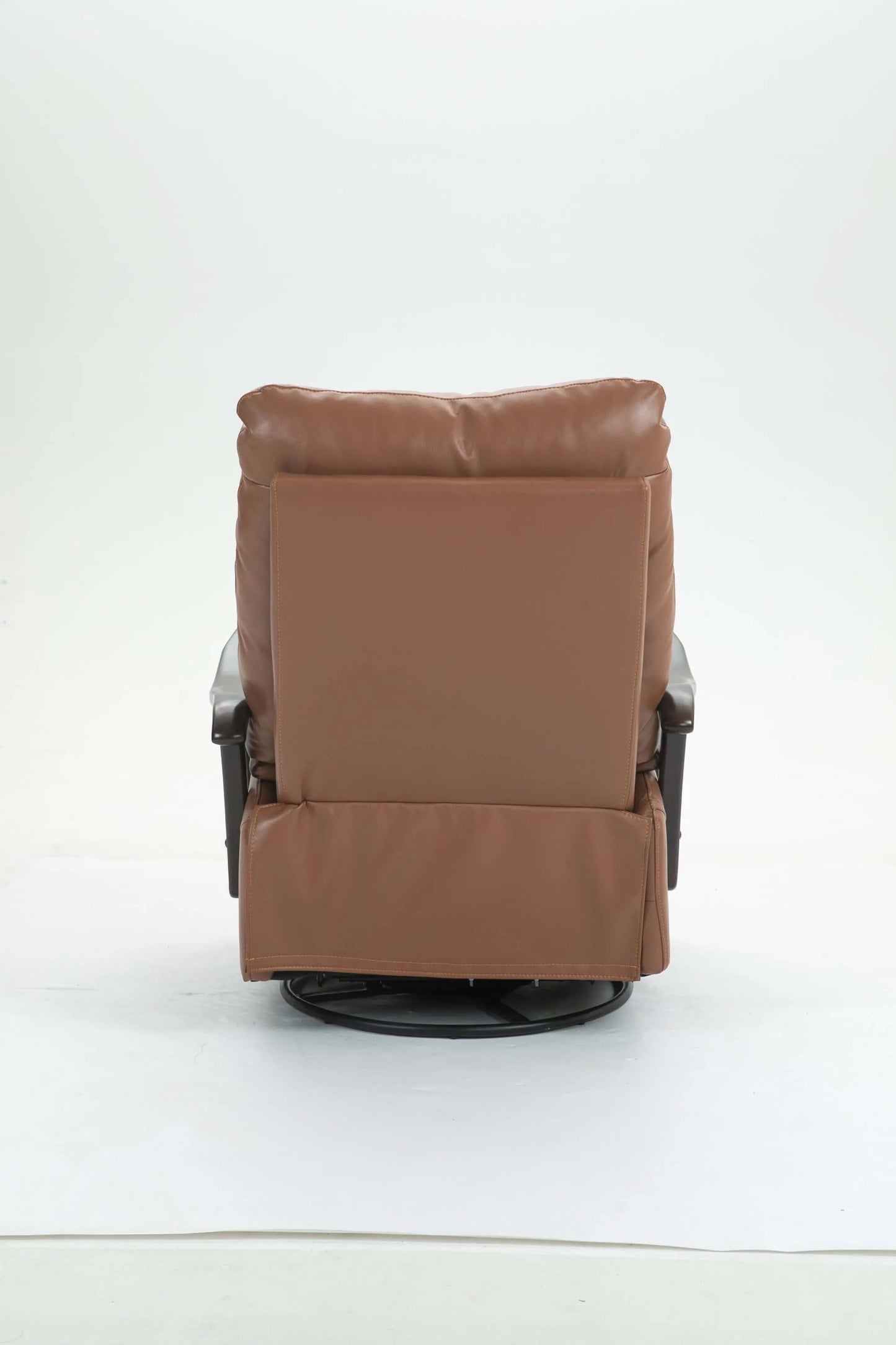 Back view of a brown leather recliner chair on a white background