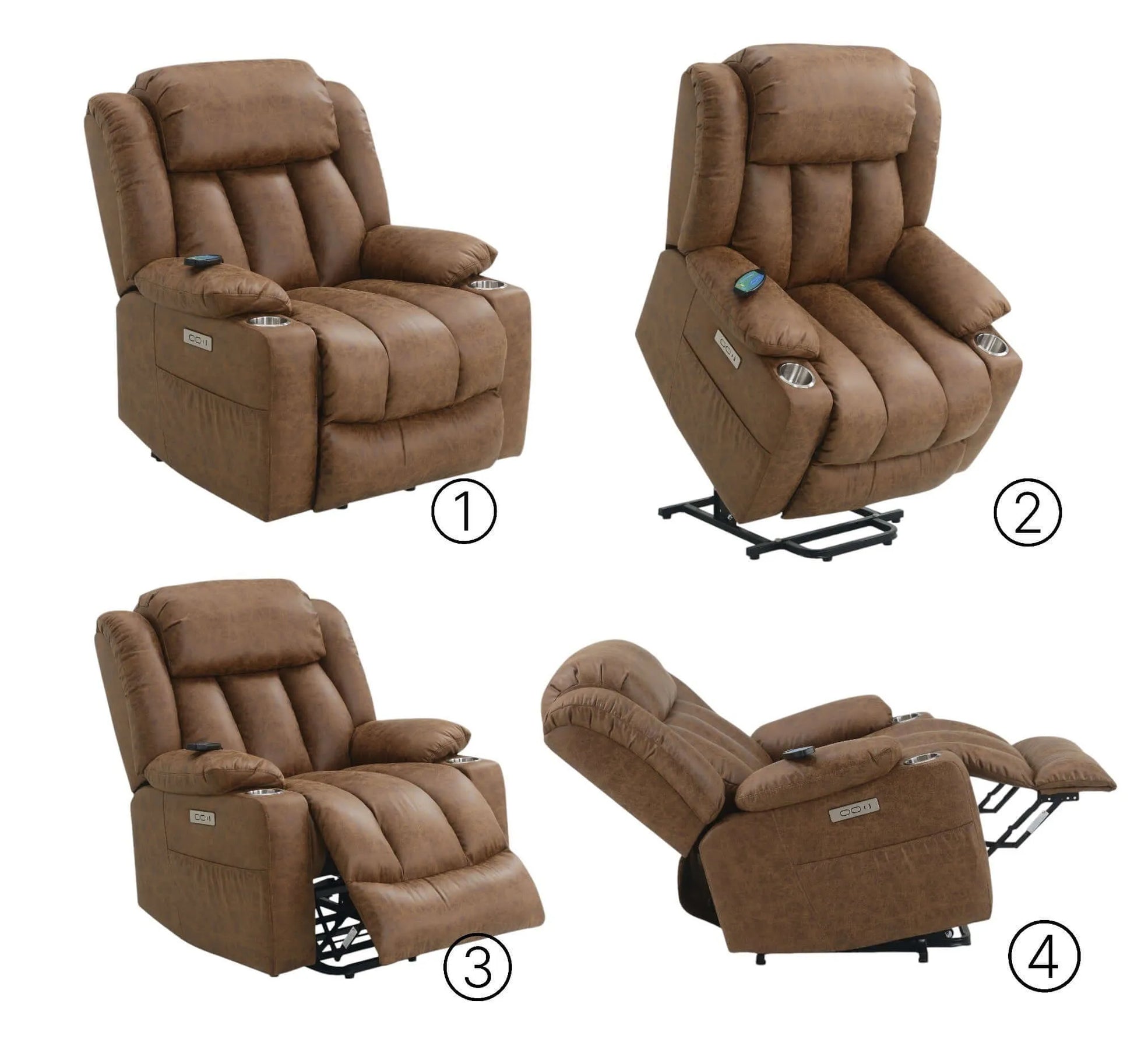 Four views of a brown recliner lift chair on a white background