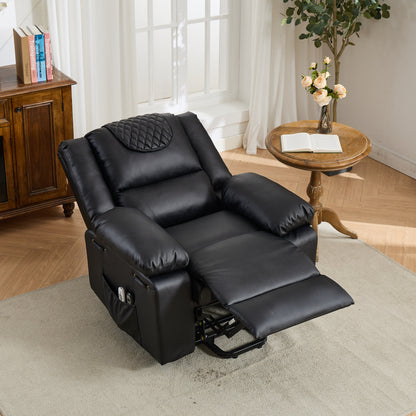 Black recliner chair in a living room setting with a small table and books.