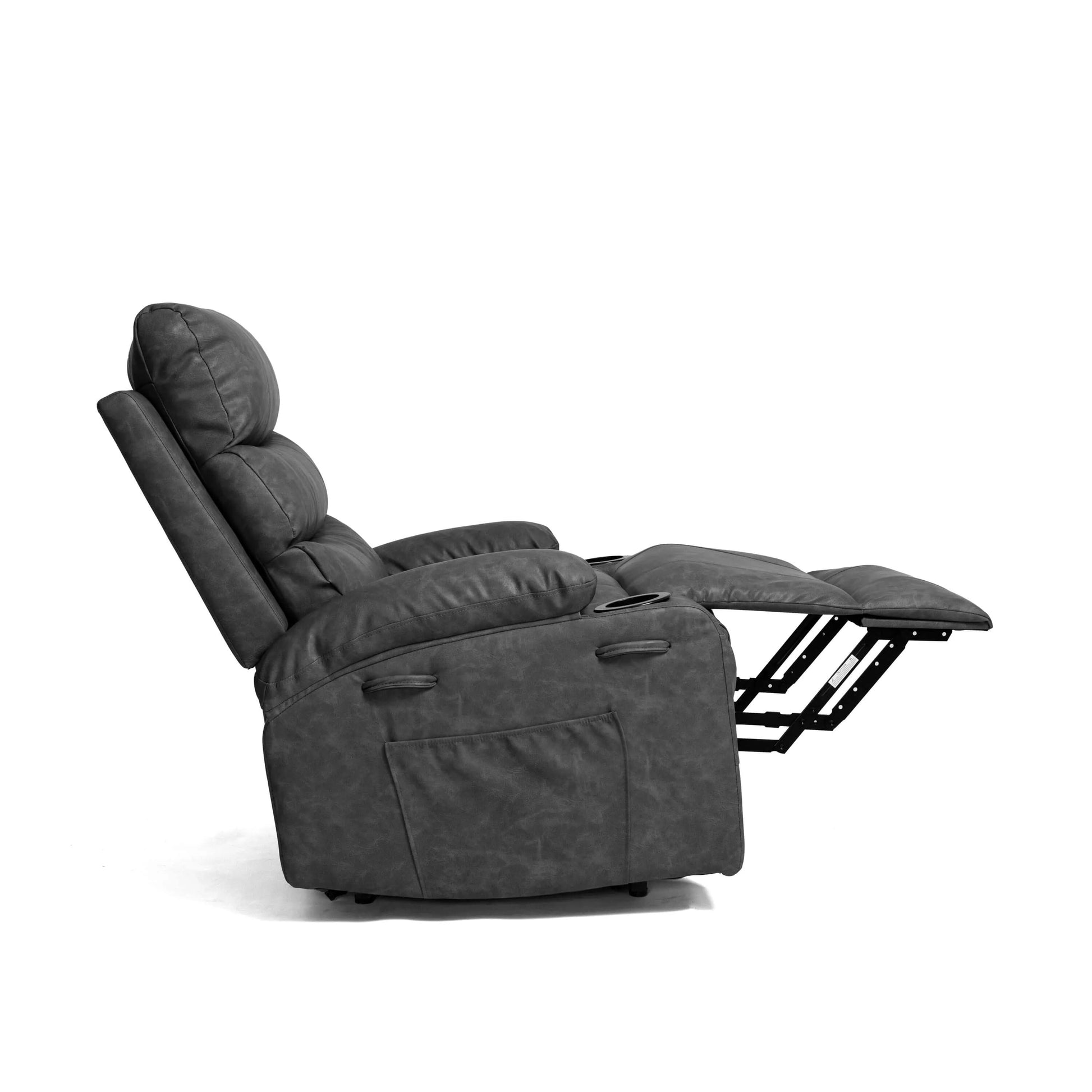 Side view of a gray faux leather power lift recliner chair with cup holders, storage pockets and plush armrests in a partially reclined position on a white background