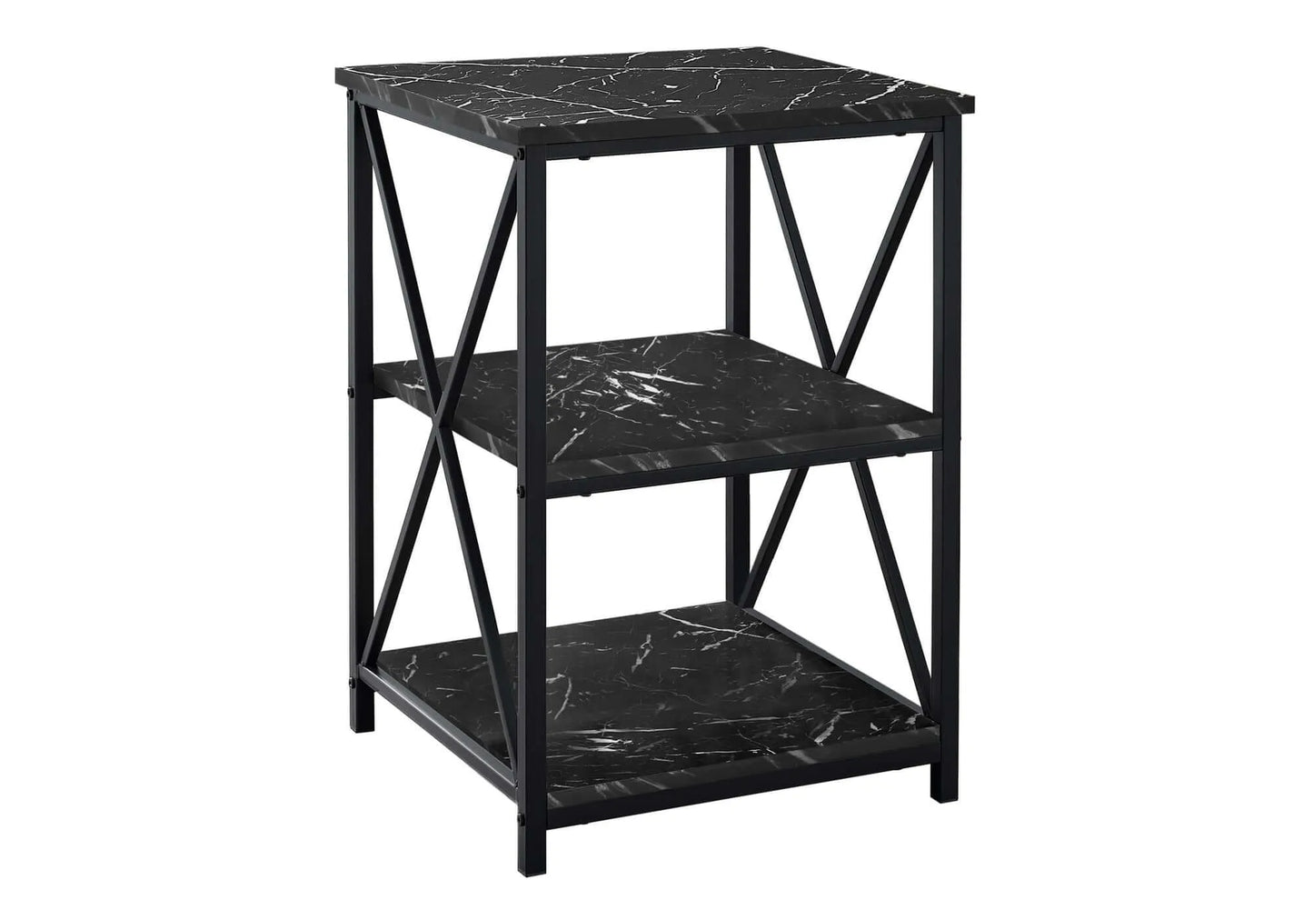 Black marble-patterned end table on a white background