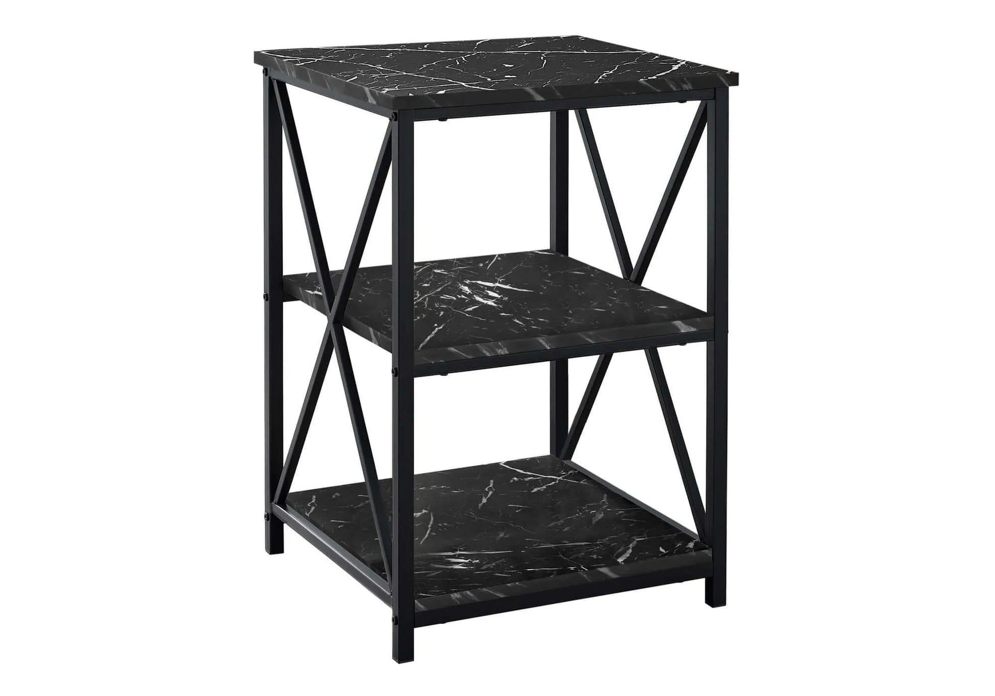 Black marble-patterned end table on a white background