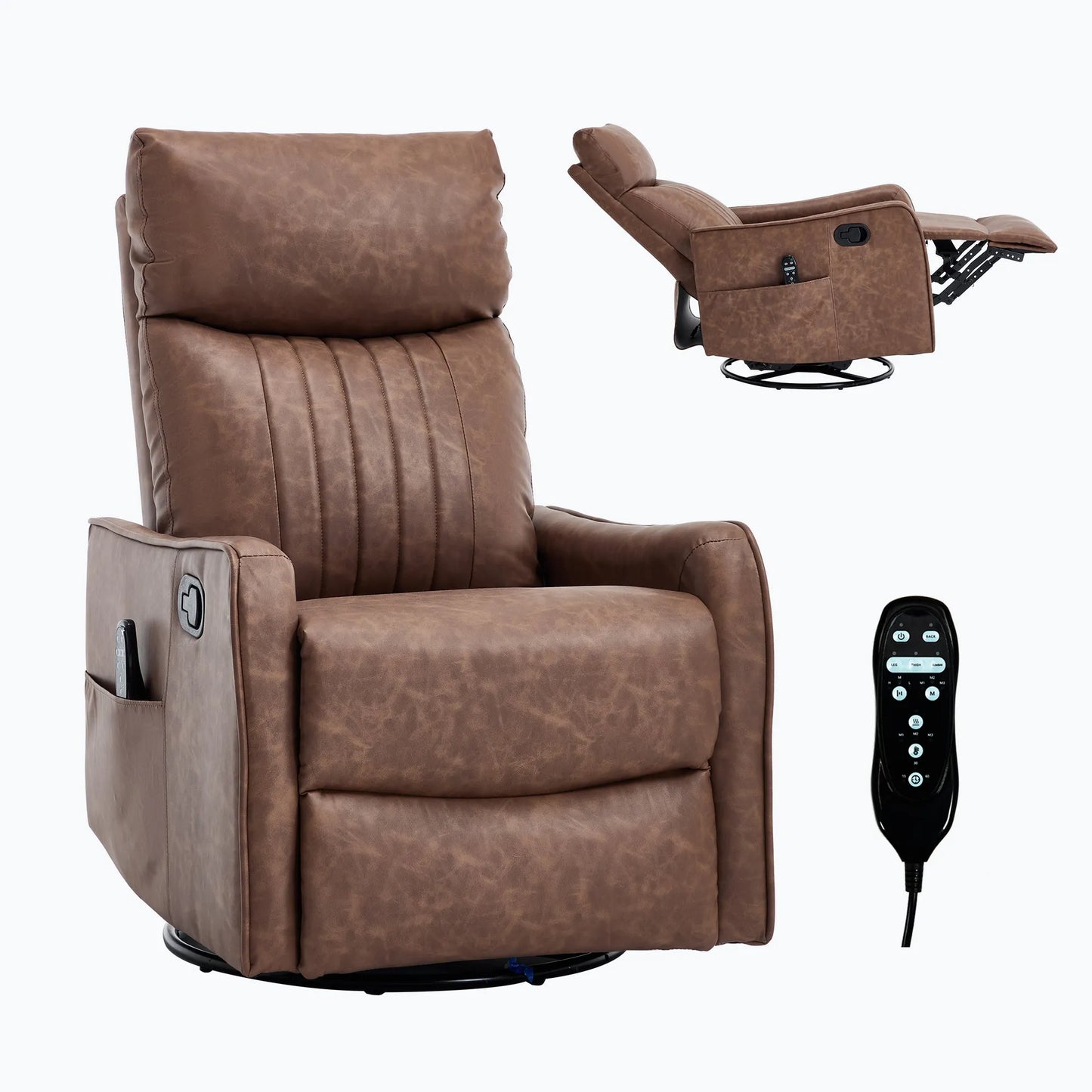 Two brown leather recliner chairs with remote control on a white background