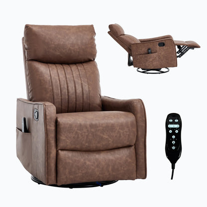 Two brown leather recliner chairs with remote control on a white background