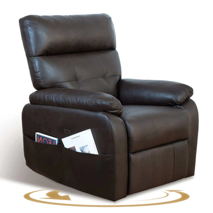 Brown leather recliner chair with magazine holder on a white background