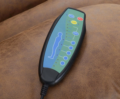 Close up of remote control on a brown leather recliner chair armrest