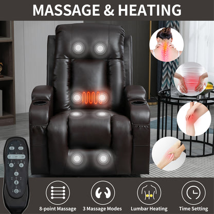 350 LB Power Lift Recliner w/ Massage, Heat, USB & Cup Holders-Brown