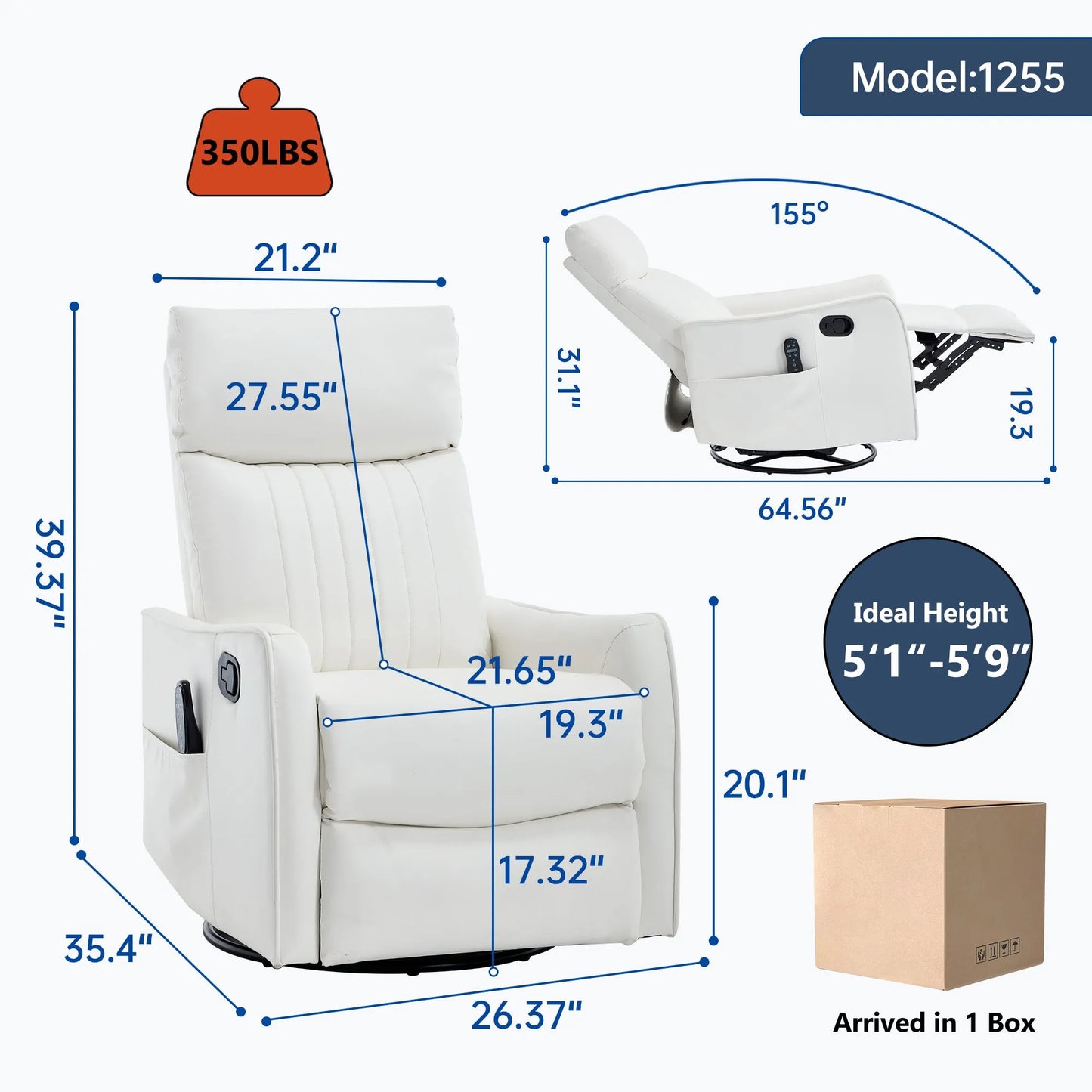 White recliner chair with dimensions and features highlighted