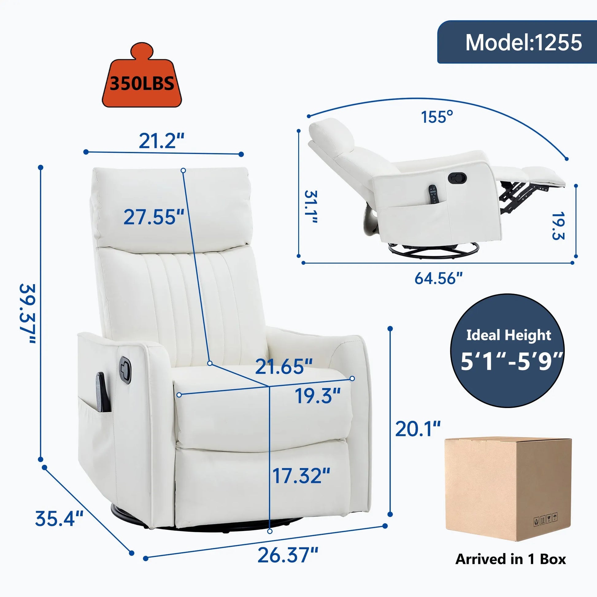 White recliner chair with dimensions and features highlighted