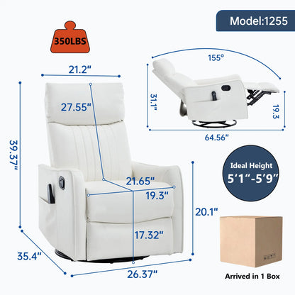 White recliner chair with dimensions and features highlighted