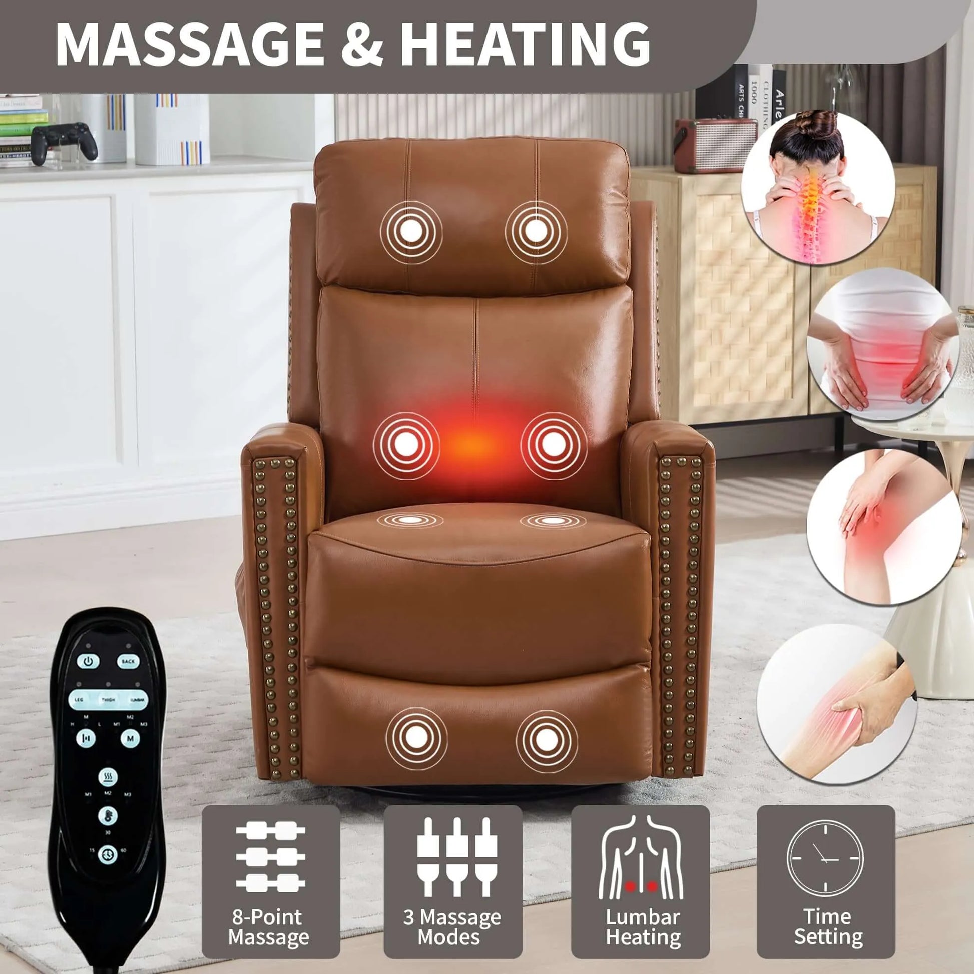 Brown massage and heating chair with remote control in a living room setting