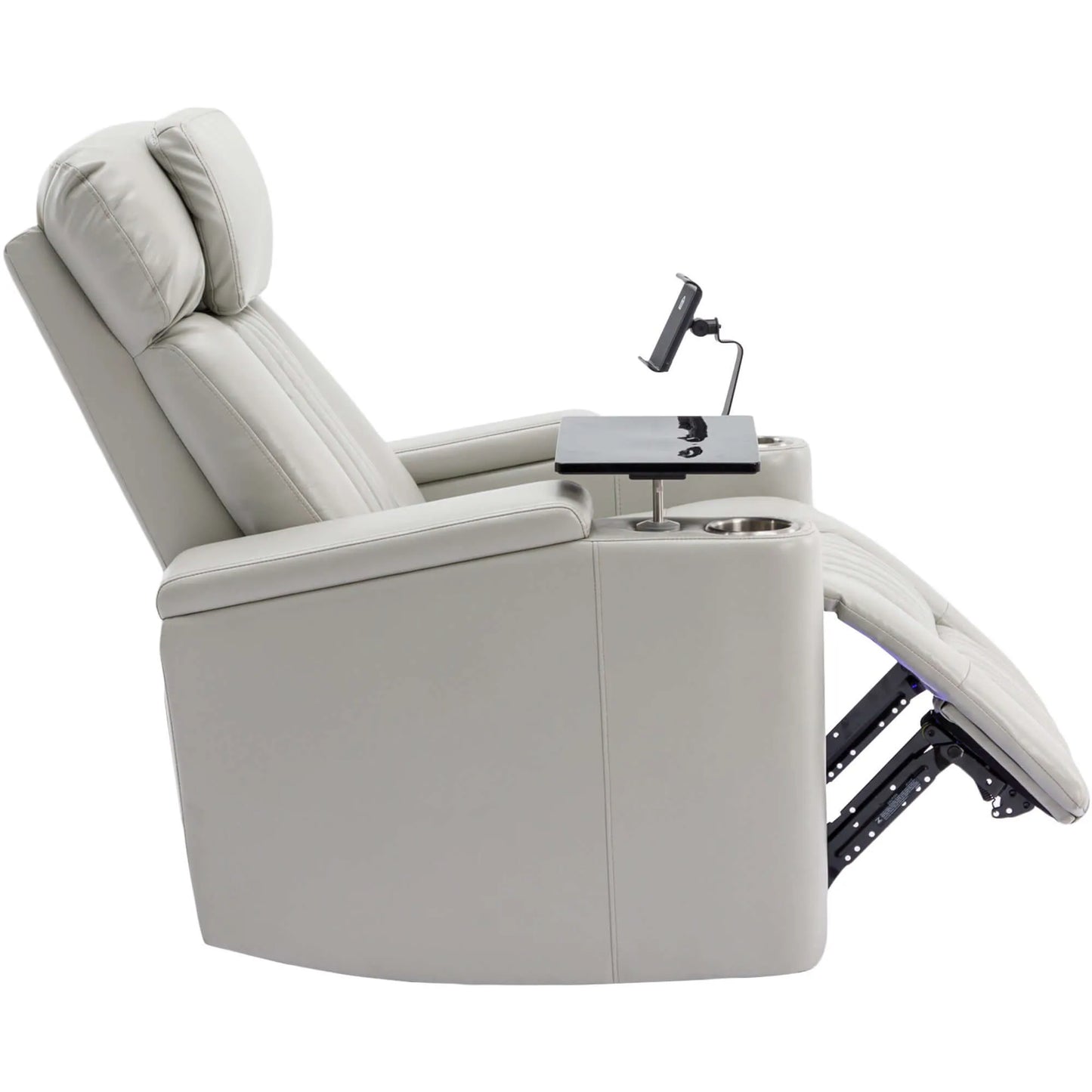 Side view of a partially reclined gray recliner chair with cup holder and armrest on a white background