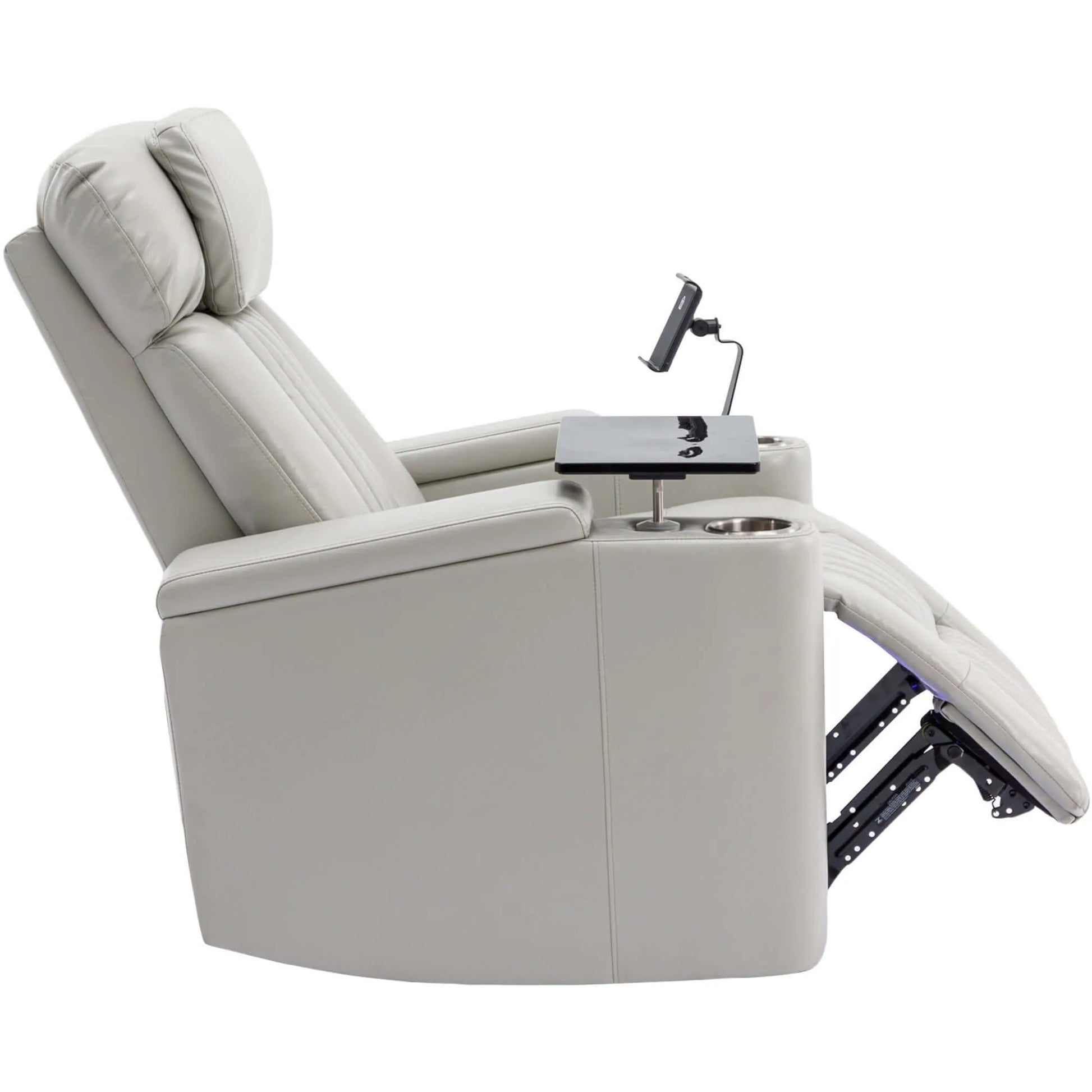 Side view of a partially reclined gray recliner chair with cup holder and armrest on a white background